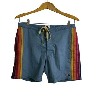 Aviator Nation 5 Stripes Board Shorts 34 Swim Trunks Blue Rainbow Button Fly